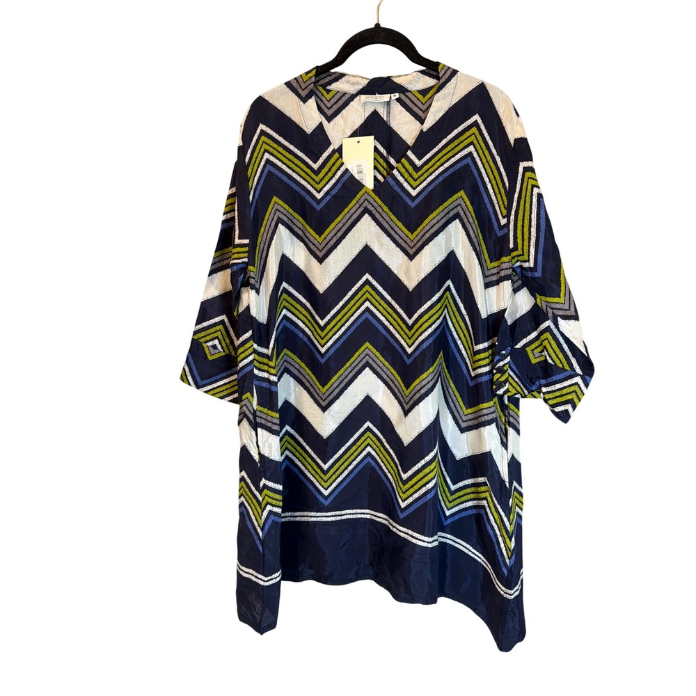 Masai Copenhagen Chevron Zigzag V-Neck Tunic Top Navy Blue Lime Green NWT M